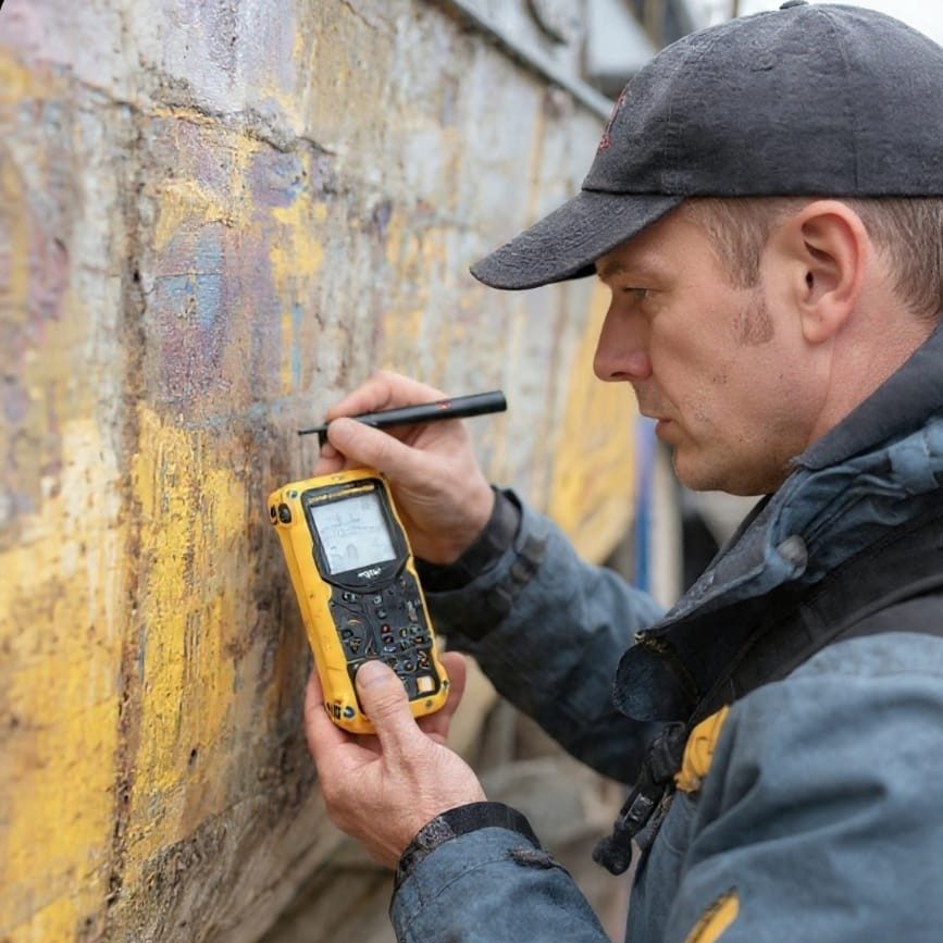 Marine surveyor checking hull thickness Professional Boat Hull Survey